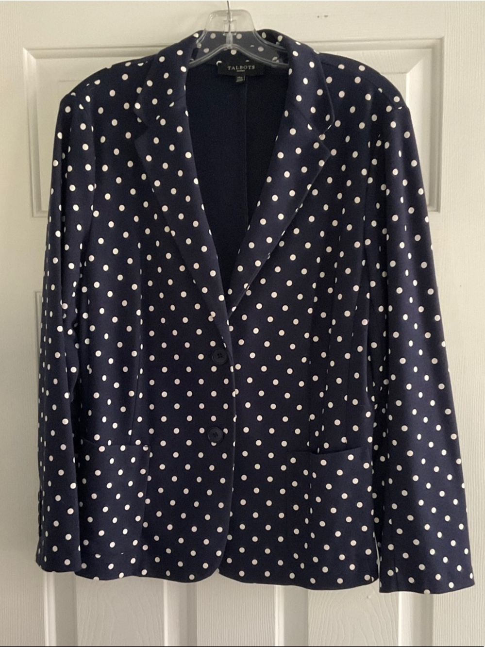 Talbots Jersey Knit Navy Blazer with White Polka Dots
